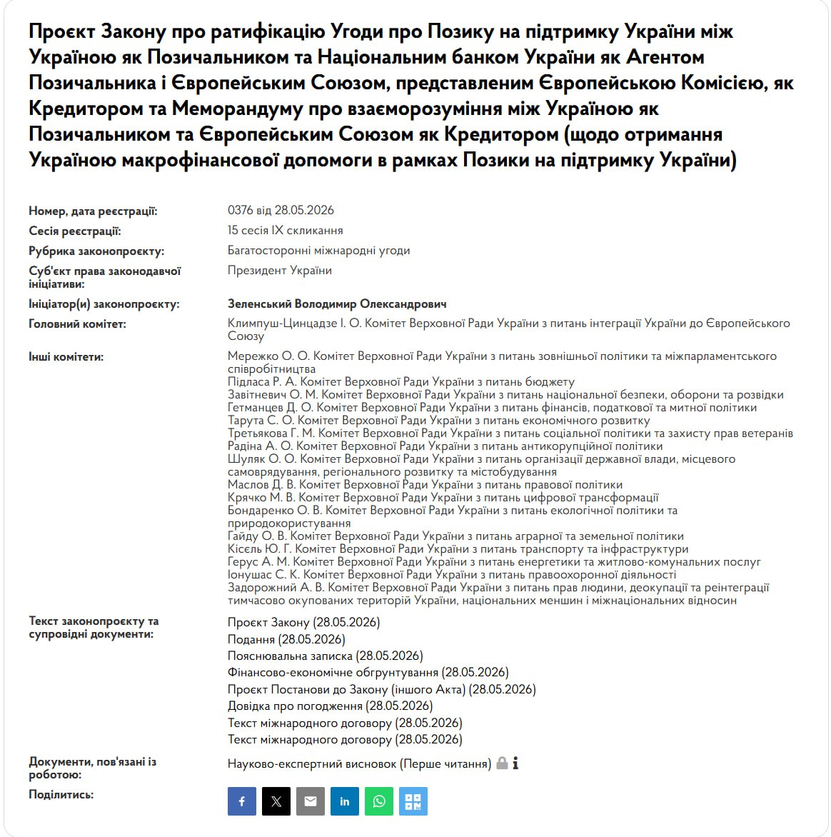 Зеленський вніс до Ради законопроект про ратифікацію угоди щодо позики від ЄС
